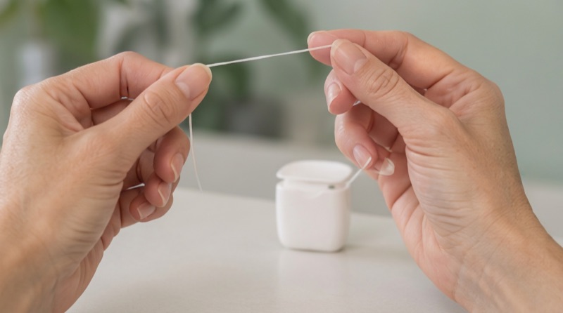 Manos usando hilo dental, parte del cuidado en casa después de una limpieza
